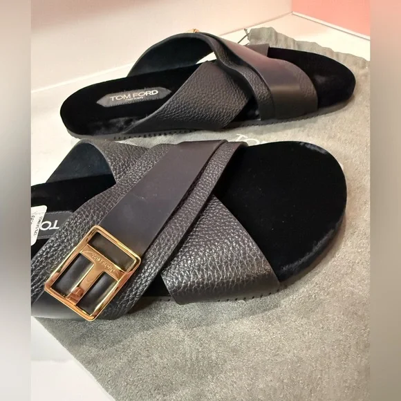 Tom Ford Black Slide Sandals with Gold Buckle